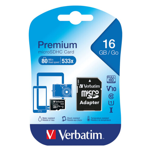 Carte micro-SDHC Verbatim de 16 Go avec adaptateur SD emballée.