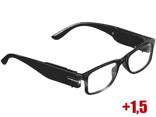 lunettes de lecture mixtes noires avec mini lampes LED et verres dioptrie +1,5 Pearl
