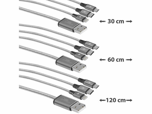 3 câbles de chargement 3 en 1 : Micro-USB / USB-C / Lightning