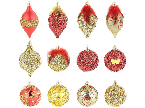 12 boules de Noël rouge et or à plumes et paillettes