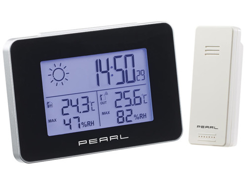 Station météo & horloge radio-pilotée avec capteur extérieur sans fil PearlCapteur extérieur sans fil, portée jusqu'à 60 m