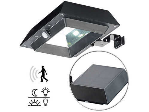 Lampe solaire à LED 6 W pour mur et gouttière avec capteur PIR - Noir