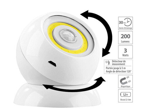 Lampe sans fil 200 lm à LED COB et détecteur de mouvement WL-420 - Blanc