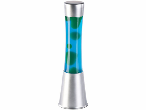 Lampe à lave en verre et en aluminium avec liquide bleu et cire verte.