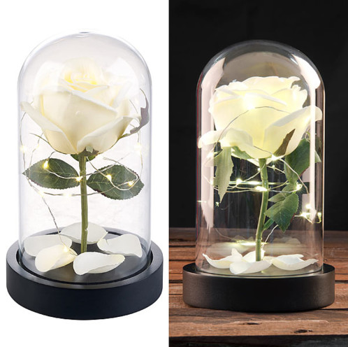 Rose artificielle avec cloche en verre et lumière LED - Blanche