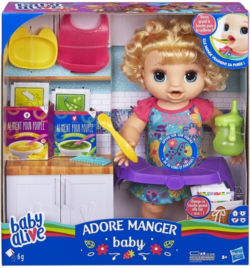 Packaging de la poupée interactive Baby Alive Adore manger.