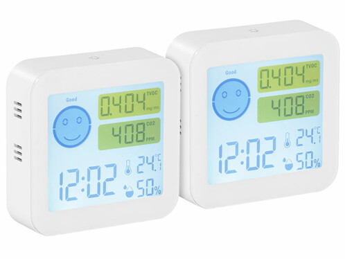 Lot de 2 appareils de mesure COVT/CO² avec horloge et thermomètre.