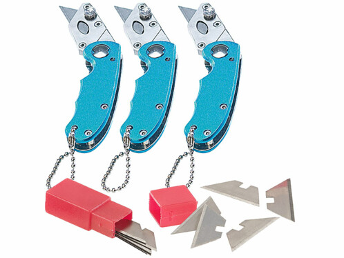 Lot de 3 mini cutters porte-clés avec lames de rechange.