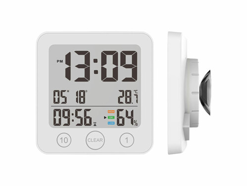 Horloge de salle de bains numérique avec thermomètre/hygromètre vue de face et de côté
