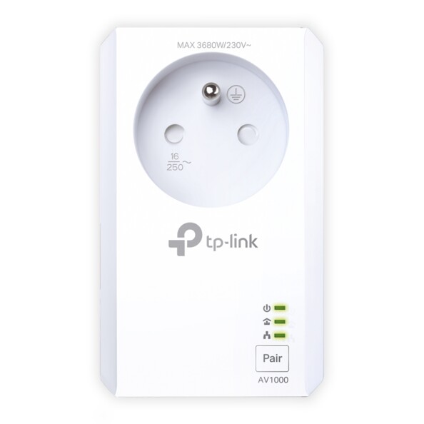 Boîtier CPL 230 V tp-link coloris blanc AV1000 avec 3 voyants LED et prise gigogne