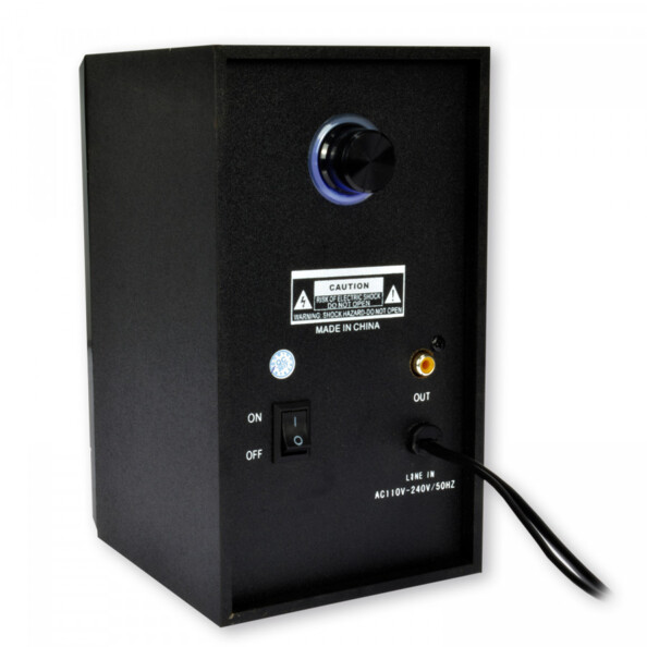 Arrière d'un haut-parleur secteur filaire coloris noir avec molette de réglage du volume, prise jack, interrupteur Marche/Arrêt, spécifications techniques et câble d'alimentation secteur intégré