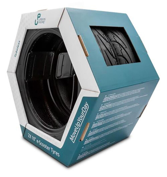 Boîte hexagonale bleue et blanche Urban Prime avec fenêtres montrant 2 pneus tubeless 10 pouces noirs