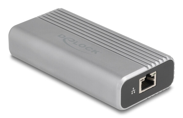 Adaptateur réseau Delock en aluminium avec ailettes de refroidissement, port RJ45 et logo Delock gravé