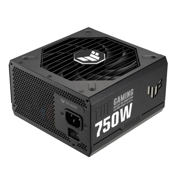 Vue du dessus de biais côté gauche sur le bloc d'alimentation ATX 750 W Asus avec prise d'alimentation secteur, interrupteur Marche/Arrêt et ventilateur axial