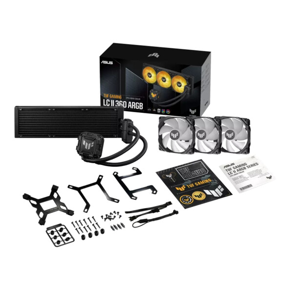 Refroidisseur liquide de CPU, 3 ventilateurs 120 mm ARVB, câble répartiteur pour ventilateur 1 vers 3, câble répartiteur ARVB 1 vers 4, vis et fixations, pâte thermique, sticker TUF Gaming et mode d’emploi en français
