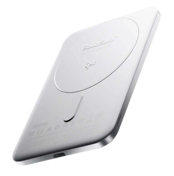 Vue plongeante sur l'arrière de la batterie sans fil couleur argentée avec anneau magnétique compatible Qi et MagSafe et spécifications techniques