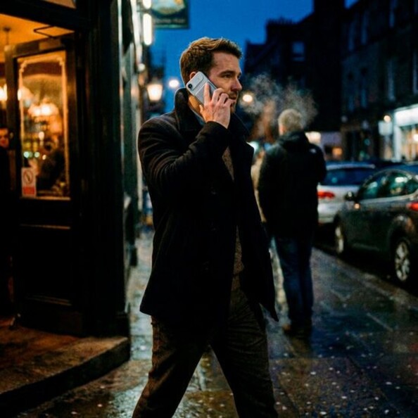 Homme trentenaire cheveux bruns avec manteau téléphonant en extérieur de nuit dans la rue avec un smartphone gris sur lequel est fixé une batterie externe de la même couleur par induction