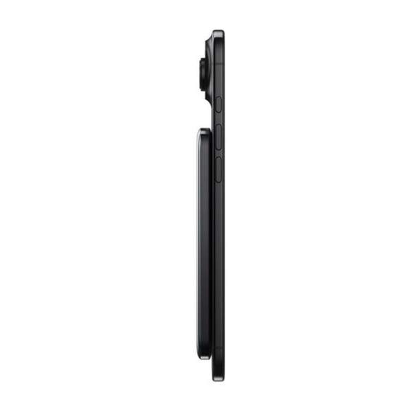 Vue côté gauche d'un téléphone portable avec batterie d'appoint magnétique fixée au dos par aimantation et illustrant la finesse de la batterie par rapport au smartphone sur lequel elle est installée