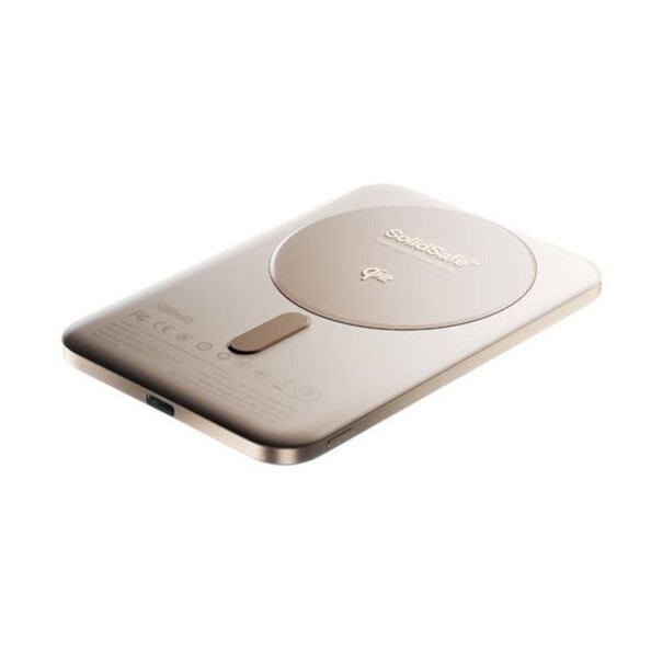 Vue plongeante sur l'arrière de la batterie sans fil couleur dorée avec anneau magnétique compatible Qi et MagSafe et spécifications techniques