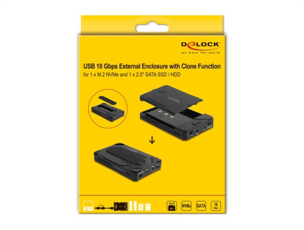 Rack NVMe SATA DeLock USB 10 Gbps, vue du packaging produit avec fonction clonage
