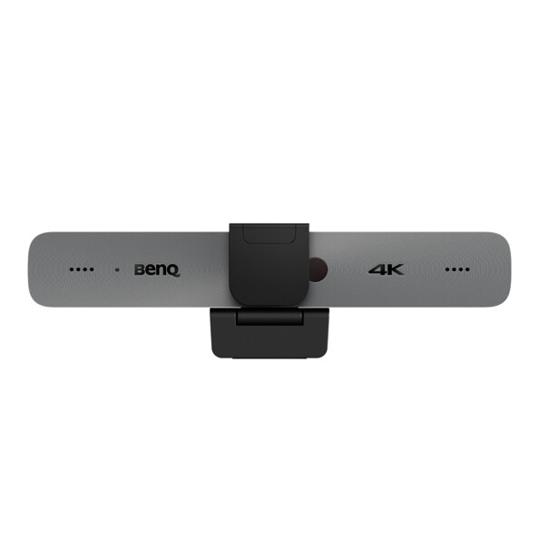 Vue de face de webcam BenQ pour réunion en visio avec cache de protection pour objectif