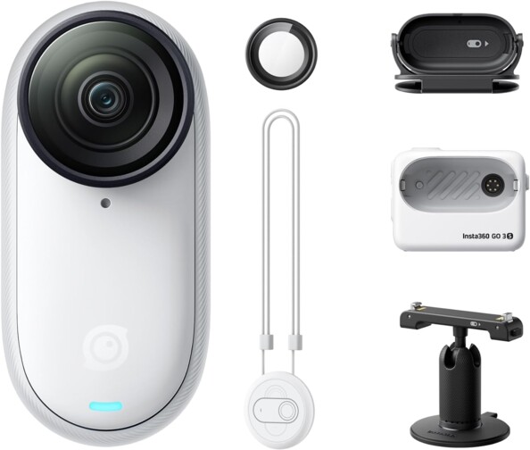 Contenu du pack Insta360 GO 3S : caméra, Action Pod, pendentif magnétique, pare-lentille et mini trépied