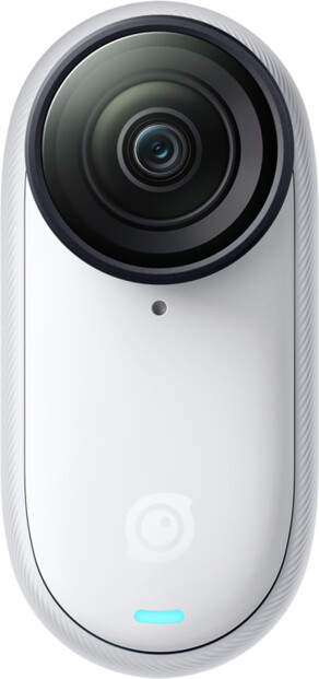 Module caméra Insta360 GO 3S blanc avec objectif fisheye proéminent, voyant LED cyan et texture latérale