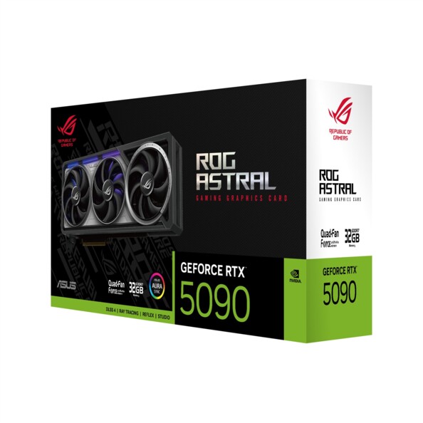 Carte graphique Asus ROG Astral RTX 5090, vue arrière avec backplate noir, ouverture GPU, inscriptions ASTRAL et GEFORCE RTX, connecteur PCIe doré