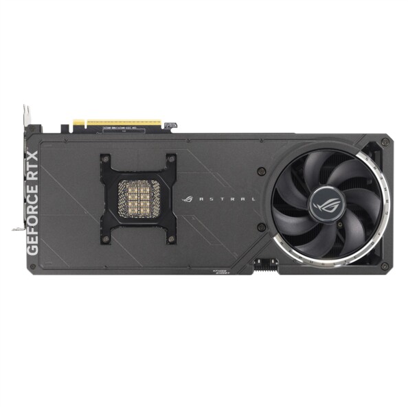 Carte graphique Asus ROG Astral RTX 5090, vue arrière face avec backplate noir, ouverture GPU centrale, inscriptions ASTRAL et ventilateur dorsal