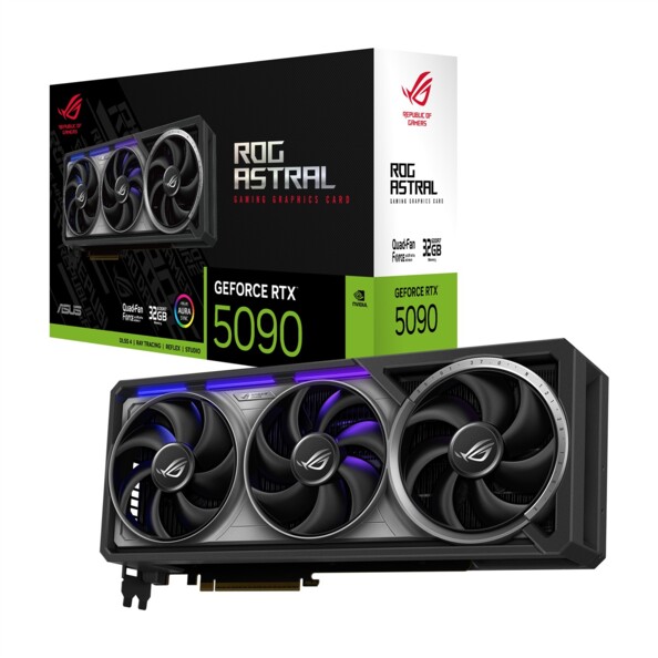 Emballage de la carte graphique Asus ROG Astral GeForce RTX 5090 avec design noir et vert NVIDIA, logo ROG, mentions RTX 5090 et DLSS 4