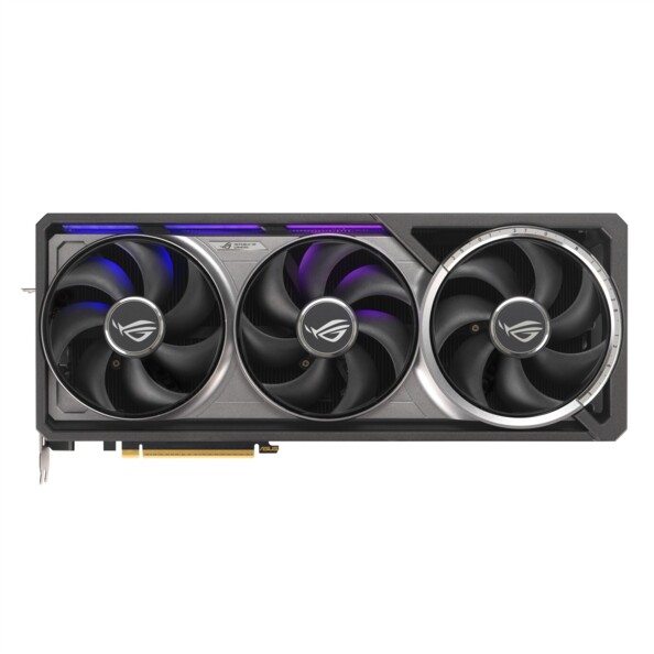 Carte graphique Asus ROG Astral GeForce RTX 5090, vue de face avec triple ventilateur, éclairage RGB violet et connecteur PCIe doré