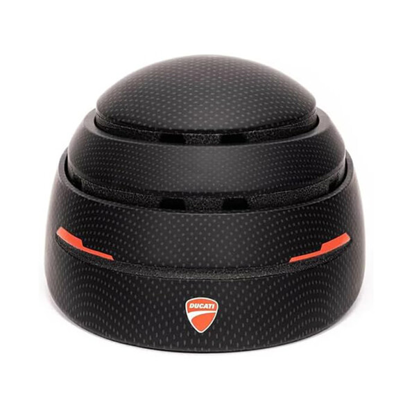 Casque pliable Urban noir en position repliée compacte, vue de trois-quarts, logo Ducati