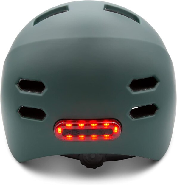 Vue arrière du casque de vélo Urban Prime vert mat avec bande de LED rouges intégrée