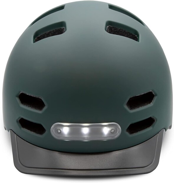 Vue de face du casque de vélo Urban Prime vert mat avec visière et réflecteur argenté