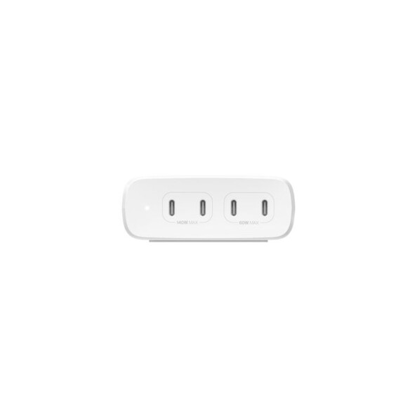 Vue de face de l'adaptateur secteur Belkin 4 ports blanc avec 2 ports USB-C 140 W et 2 ports USB-C 60 W