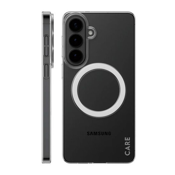 Mise en situation de la coque transparente Care by PanzerGlass avec bords surélevés sur un smartphone Android Samsung Galaxy S26 Plus coloris noir vue de profil côté droit et vue arrière