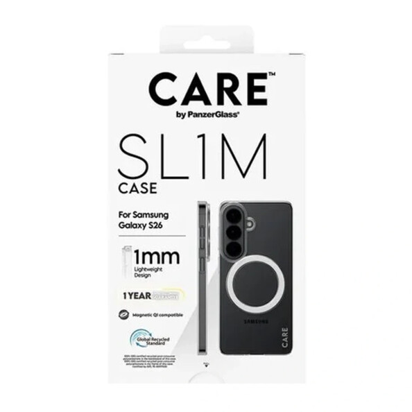 Coque transparente CARE by PanzerGlass SL1M 1 mm compatible QI pour Samsung Galaxy S26 dans son emballage cartonné