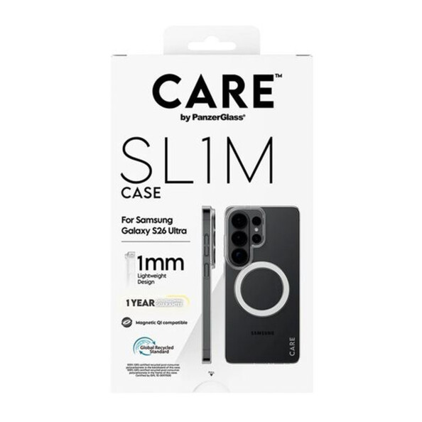 Coque transparente CARE by PanzerGlass SL1M 1 mm compatible QI pour Samsung Galaxy S26 Ultra dans son emballage cartonné