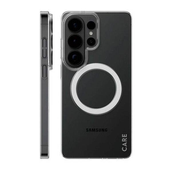 Mise en situation de la coque transparente Care by PanzerGlass avec bords surélevés sur un smartphone Android Samsung Galaxy S26 Ultra coloris noir vue de profil côté droit et vue arrière