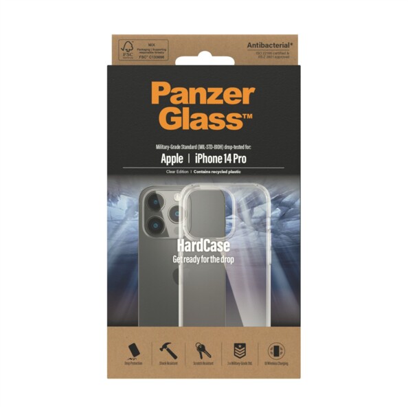 Coque rigide et souple transparente pour iPhone 14 Pro avec traitement antibactérien HardCase Clear Edition Panzerglass dans son emballage cartonné