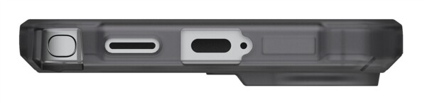 Vue du dessous d'un smartphone Android Samsung Galaxy S26 avec étui souple et rigide gris translucide avec ouverture pour S Pen, dragonne et port de chargement USB-C