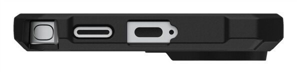 Vue du dessous d'un smartphone Android Samsung Galaxy S26 avec étui souple et rigide noir avec ouverture pour S Pen, dragonne et port de chargement USB-C