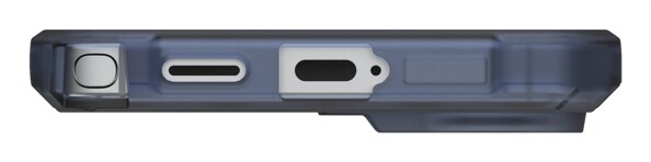 Vue du dessous d'un smartphone Android Samsung Galaxy S26 avec étui souple et rigide bleu translucide avec ouverture pour S Pen, dragonne et port de chargement USB-C
