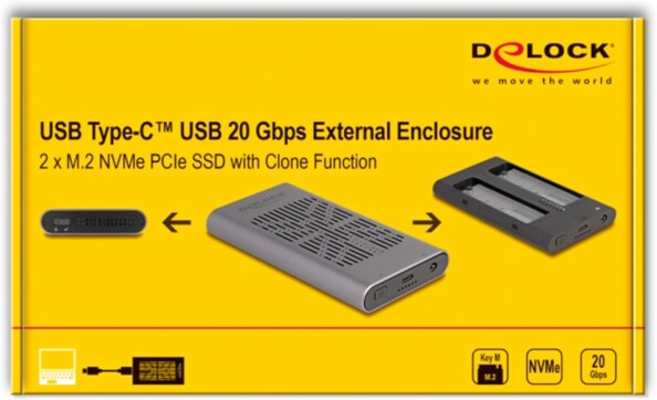 Boîtier SSD externe DeLock USB 20 Gbps, vue du packaging produit