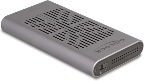 Boîtier aluminium DeLock USB-C pour 2 SSD M.2 NVMe, vue du produit fermé