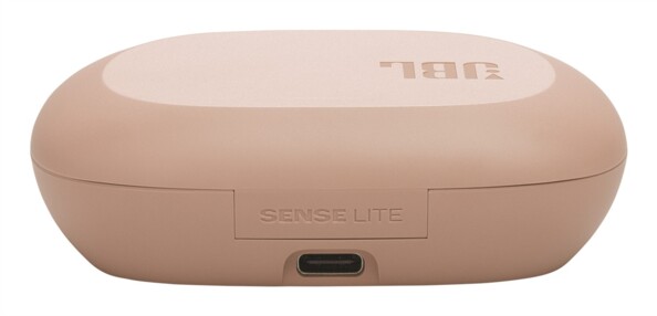 Boîtier fermé beige avec inscription SENSE LITE, port USB-C et logo JBL sur le dessus