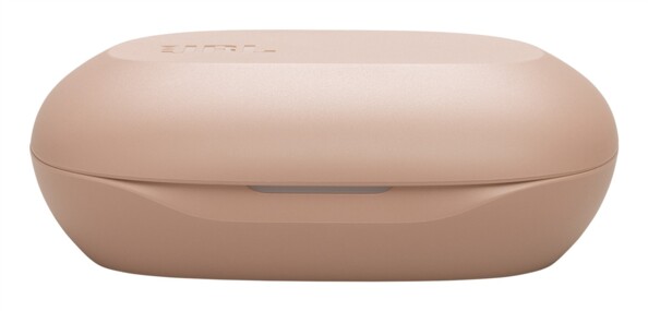 Boîtier fermé beige vu de face légèrement surélevé, rainure d’ouverture et indicateur LED