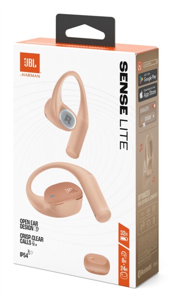 Boîte de vente JBL Sense Lite beige avec écouteurs, autonomie 32h et design open ear