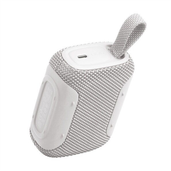 Enceinte blanche vue de l’arrière avec port USB-C et boucle de transport en tissu tressé