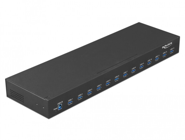 Hub USB 3.0 Delock boîtier métal noir, rangée de ports bleus, marque Delock blanche